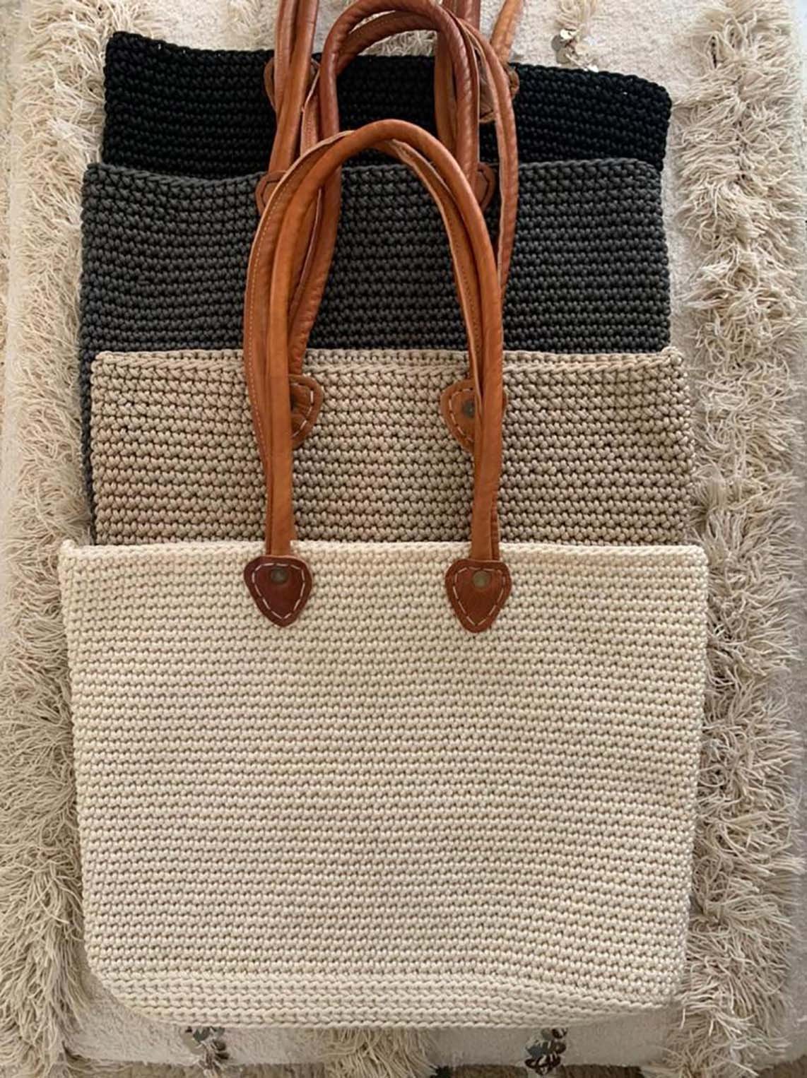 Rectangular Cotton Crochet Tote with Leather Handles - Scents & Feel